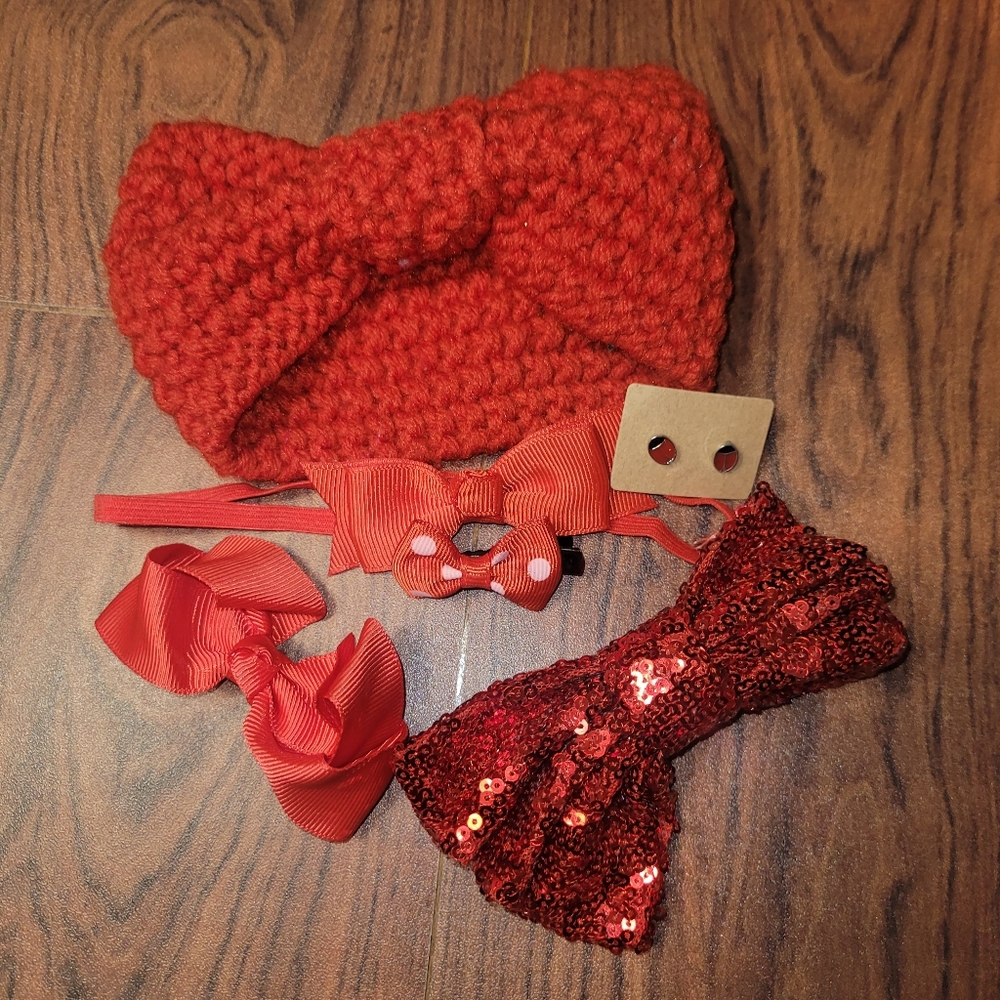 Red 6 piece headband, earring and bow accessory bundle/lot